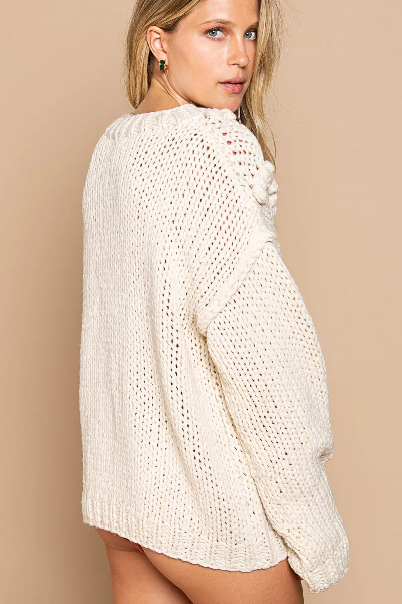 Beige Floral Yoke Knit Sweater