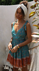 Turquoise Floral Shoulder-Tie Backless Dress