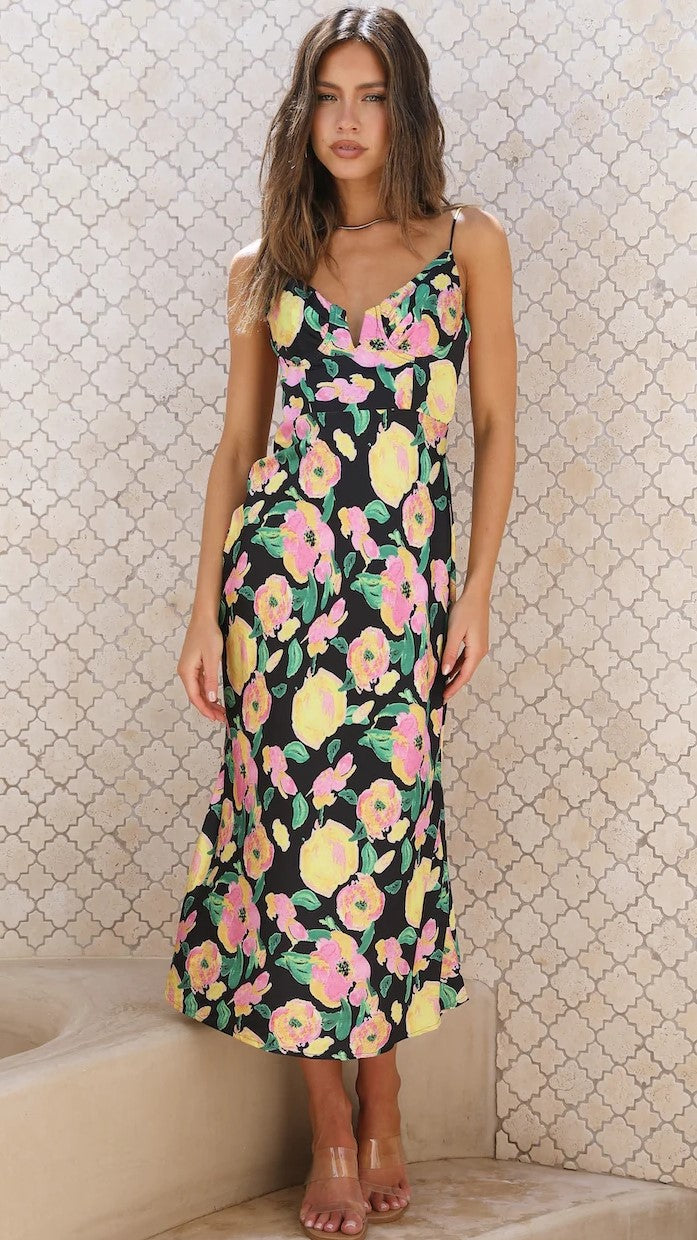 Black Floral Slip Midi Dress