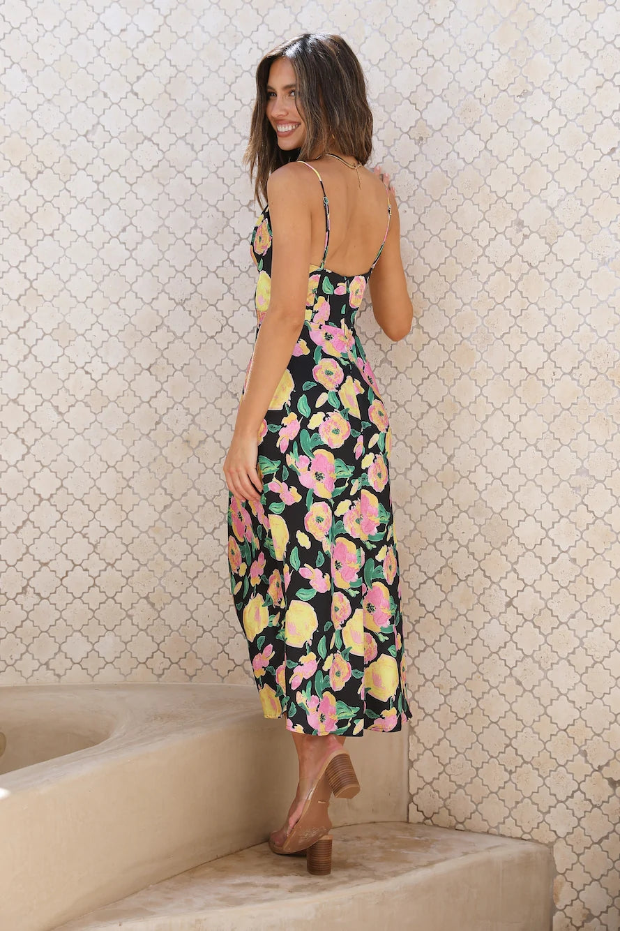 Black Floral Slip Midi Dress