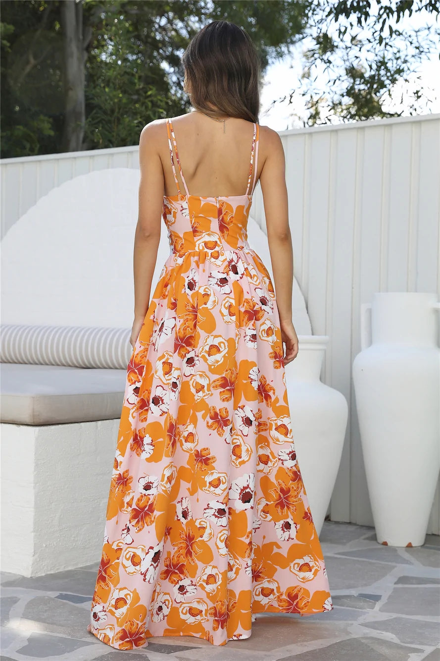 Orange Floral High Slit Maxi Dress