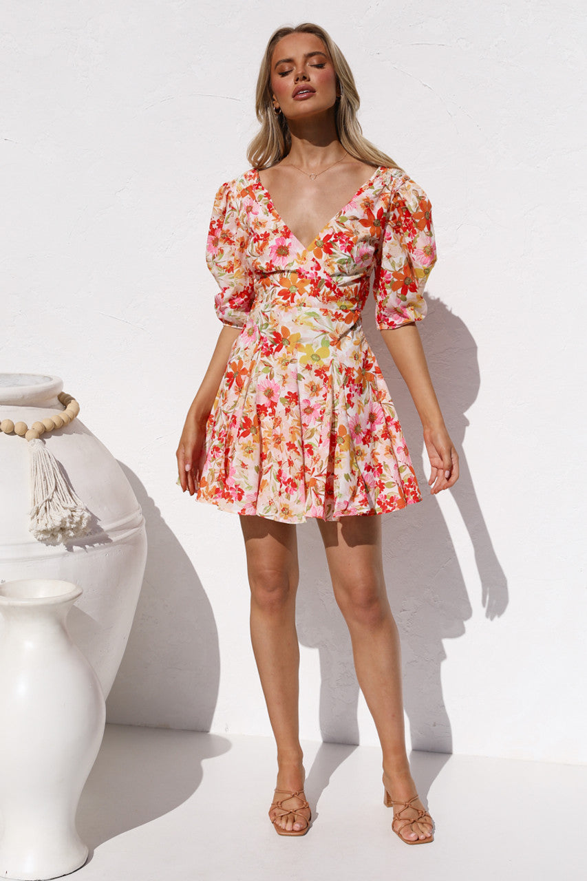 Orange Floral Puff Sleeves Mini Dress