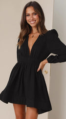 Black Deep V Neck Mini Dress