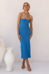 Blue Bandeau Strapless Midi Dress