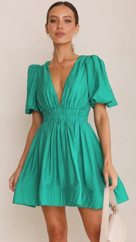 Green Plunging V Neck Mini Dress