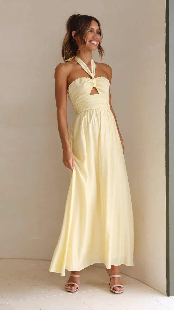 Yellow Solid Halter Maxi Dress