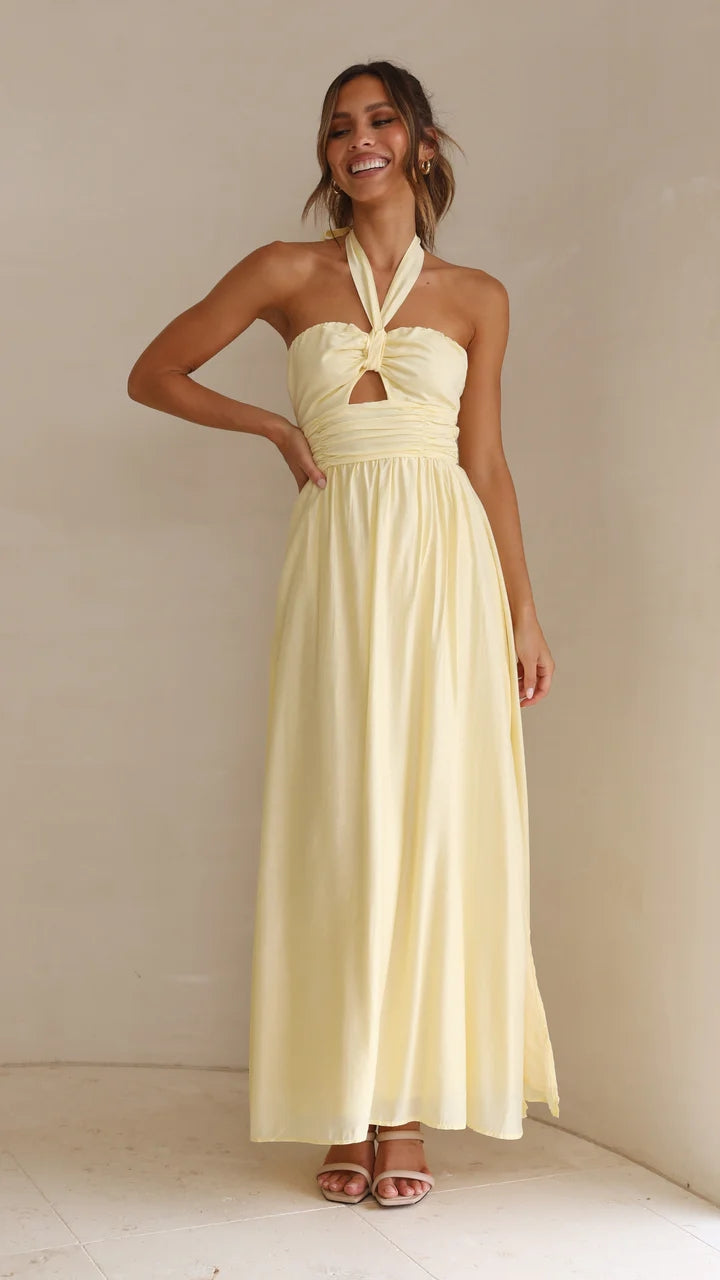 Yellow Solid Halter Maxi Dress