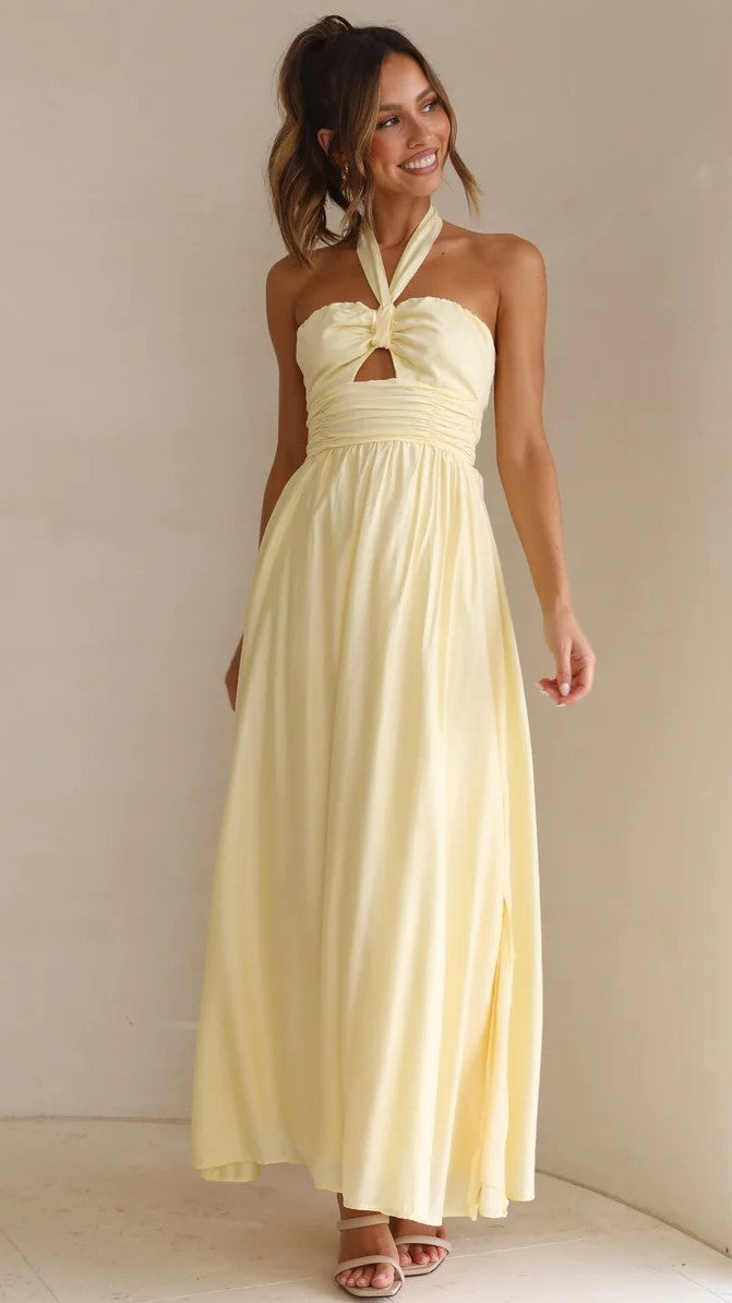 Yellow Solid Halter Maxi Dress