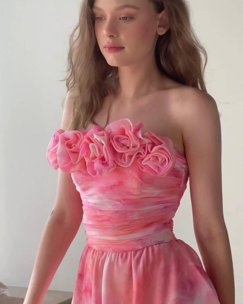 2024ss sexy strapless floral beach dress