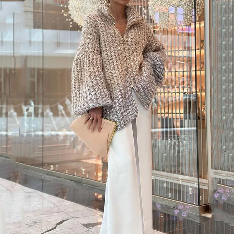 Knitted sweater jacket with plain sequins