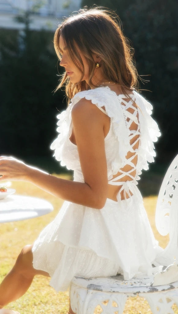 White Crochet Lace Up Back Dress