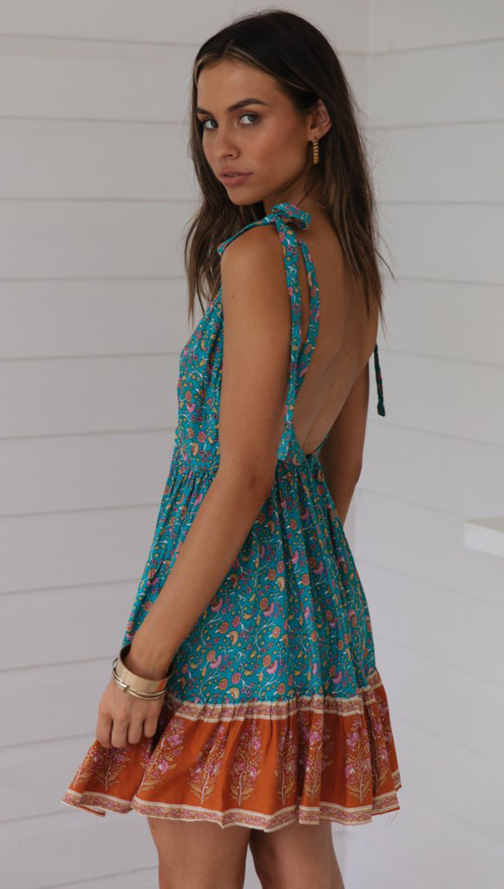 Turquoise Floral Shoulder-Tie Backless Dress