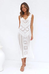 White Crochet Knit Midi Dress