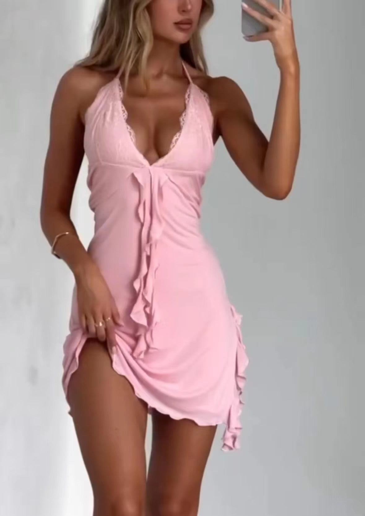 Halter neck sexy deep V mini dress