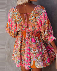 V-Neck Tribal Print Ruched Swing Dress