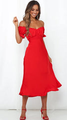 Red Off Shoulder Midi Dress