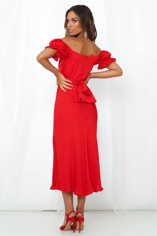 Red Off Shoulder Midi Dress