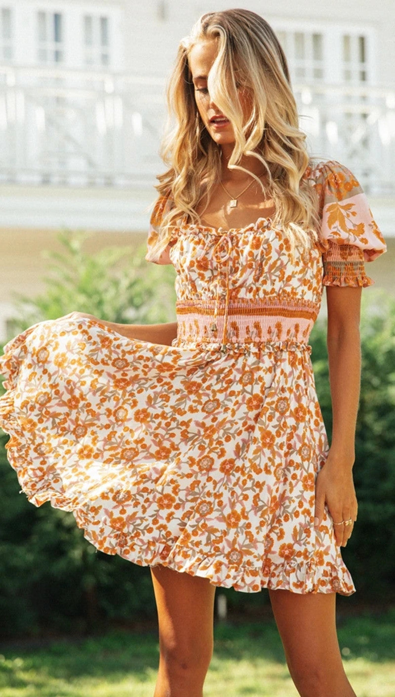 Orange Floral Print Backless Dress