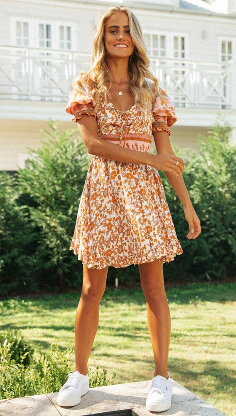 Orange Floral Print Backless Dress