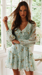 Mint Green Floral Lace Up Dress