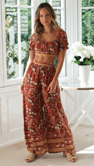 Coffee Floral Crop Top and Pants Matching Sets