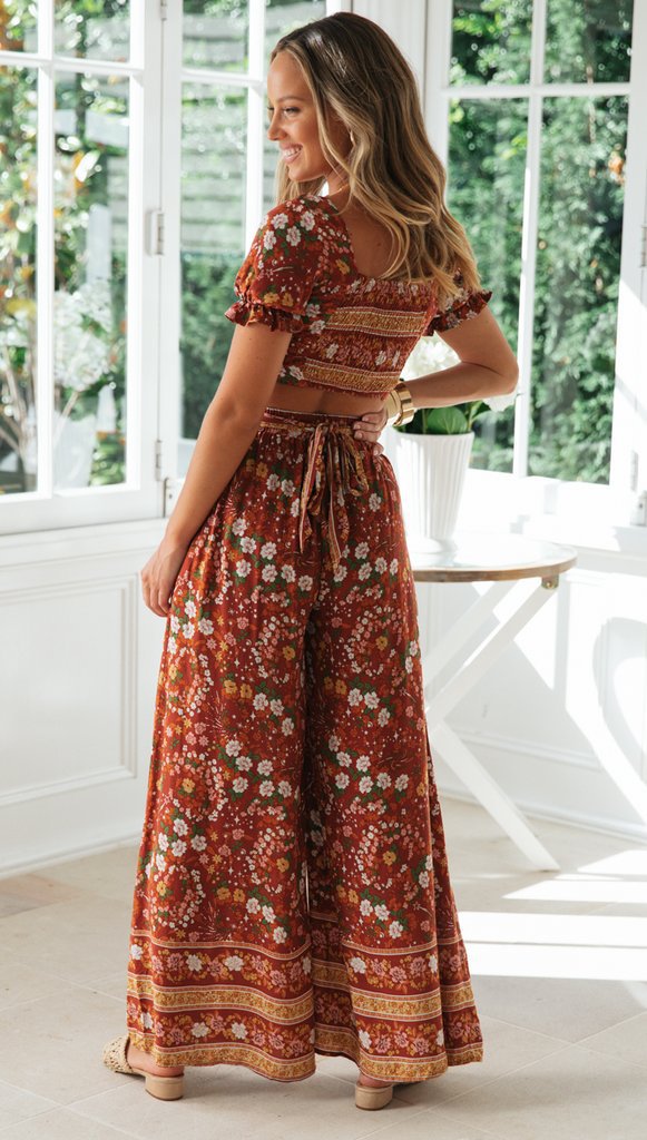 Coffee Floral Crop Top and Pants Matching Sets