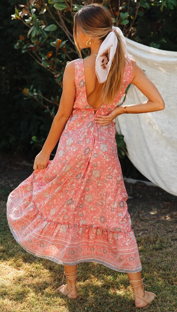 Red Boho Floral Double-V Neckline Dress