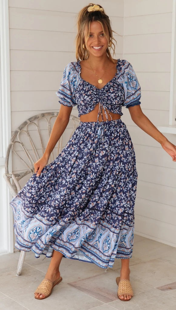 Boho Navy Floral Top and Skirt Matching Sets