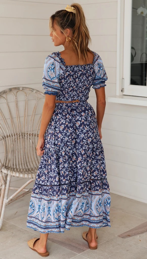 Boho Navy Floral Top and Skirt Matching Sets