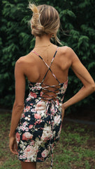 Black Floral Lace-Up Backless Dress