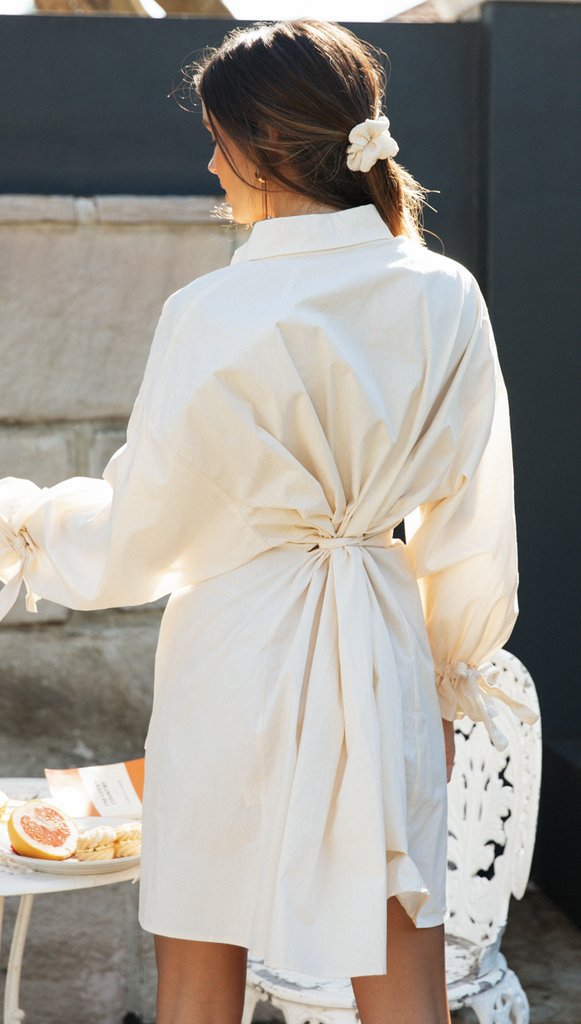 Beige Long Sleeves Button Down Dress