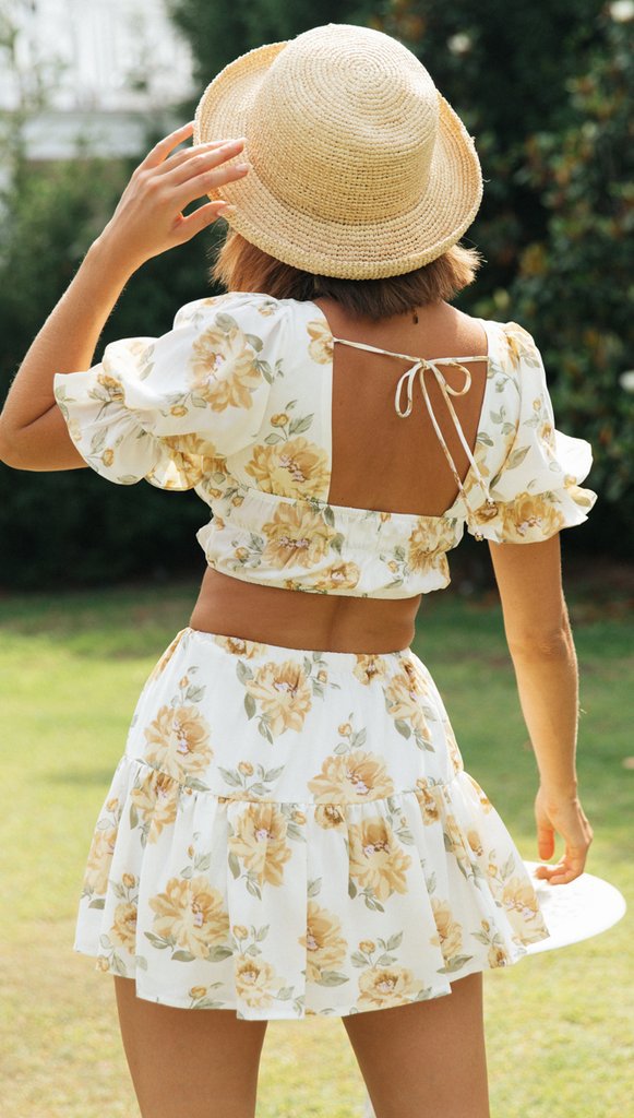 Yellow Floral Crop Top and Skirt Sets