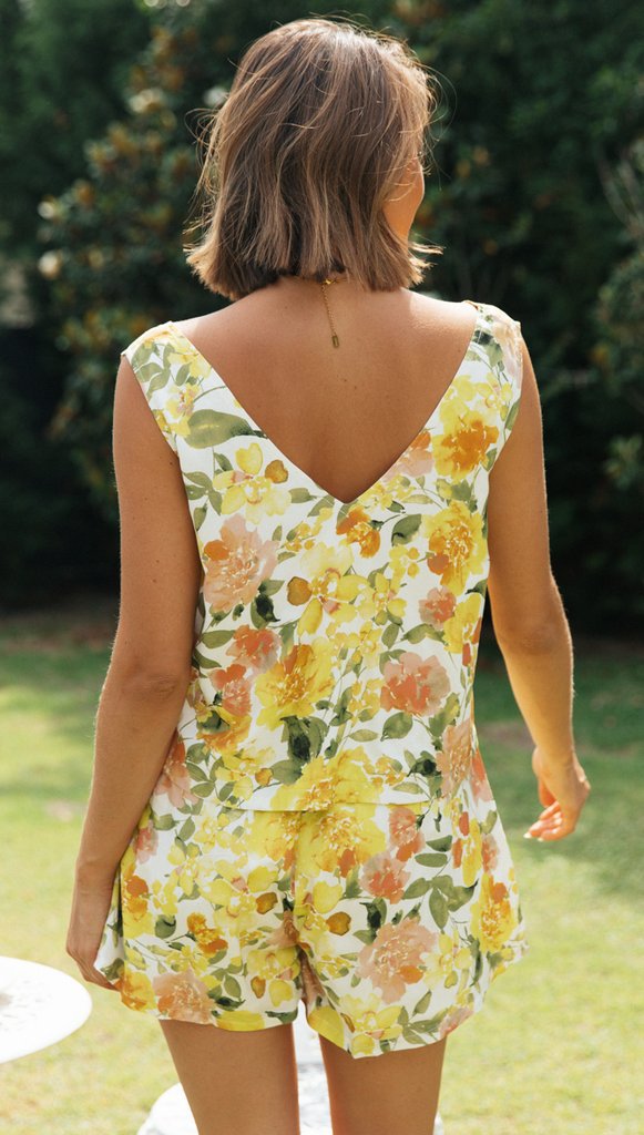 Yellow Floral Tank Top and Shorts Sets