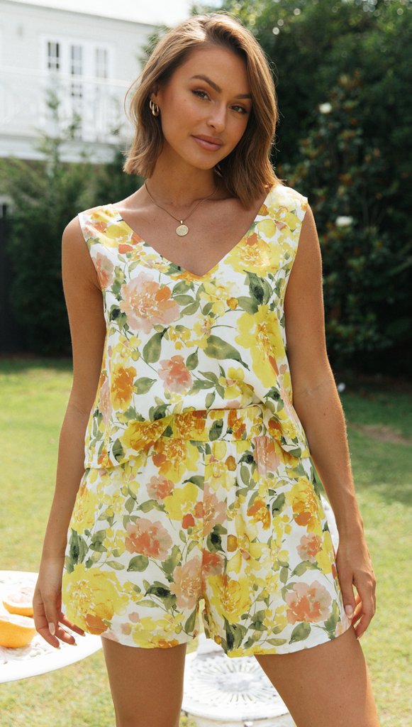 Yellow Floral Tank Top and Shorts Sets