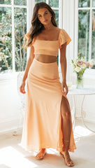 Orange Knot Top and High Slit Skirt Sets