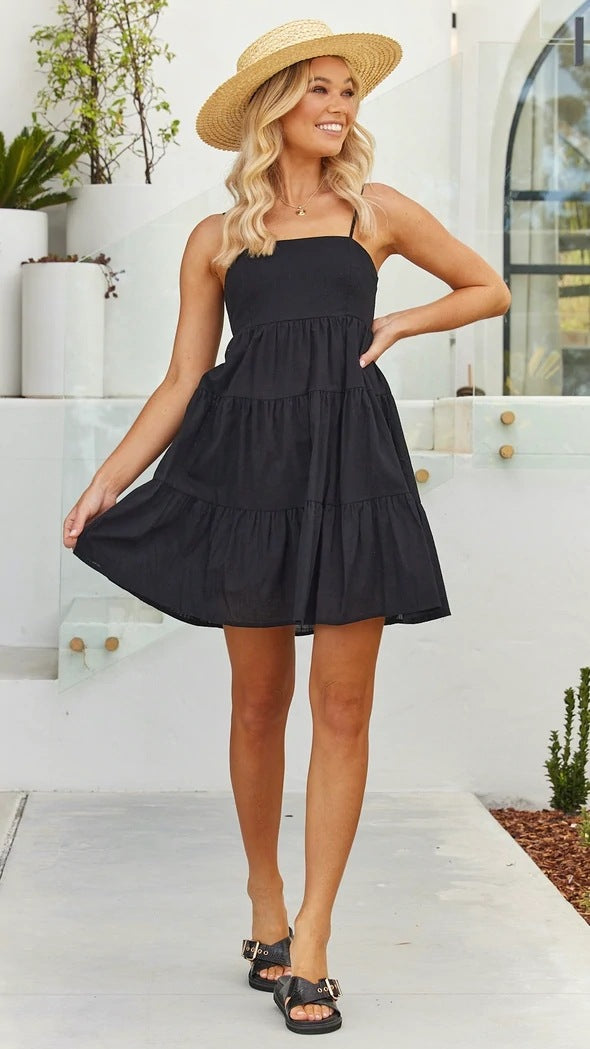 Black Solid Back Tie Slip Dress