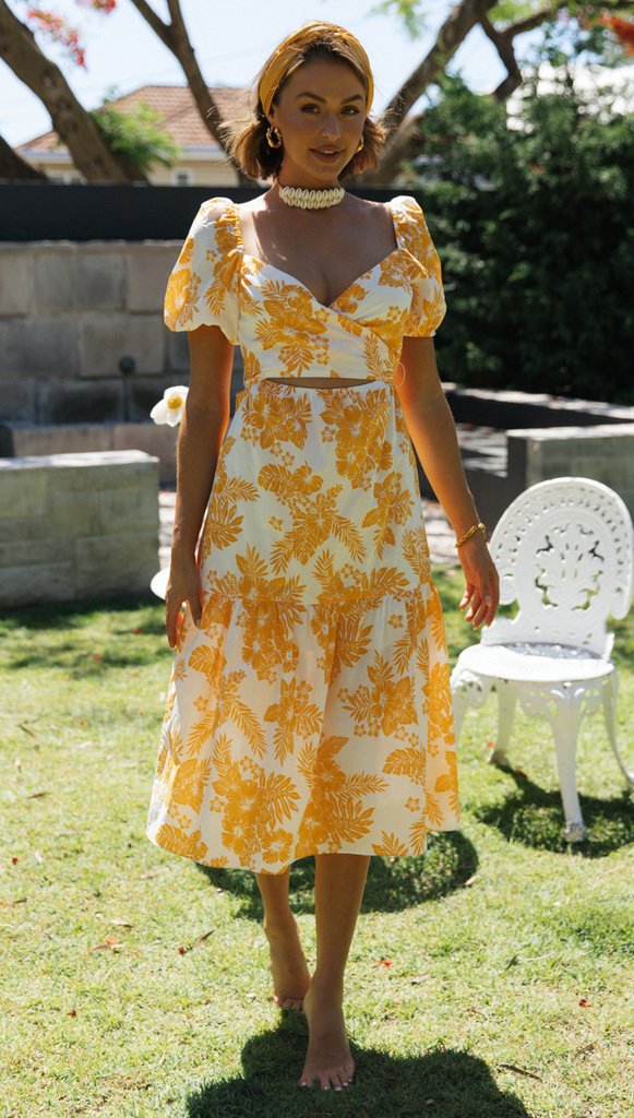 Orange Floral Sweetheart Neckline Dress