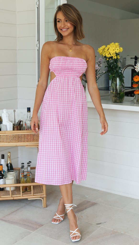 Pink Plaid Smocked Off Shoulder Midi Dress