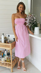 Pink Plaid Smocked Off Shoulder Midi Dress