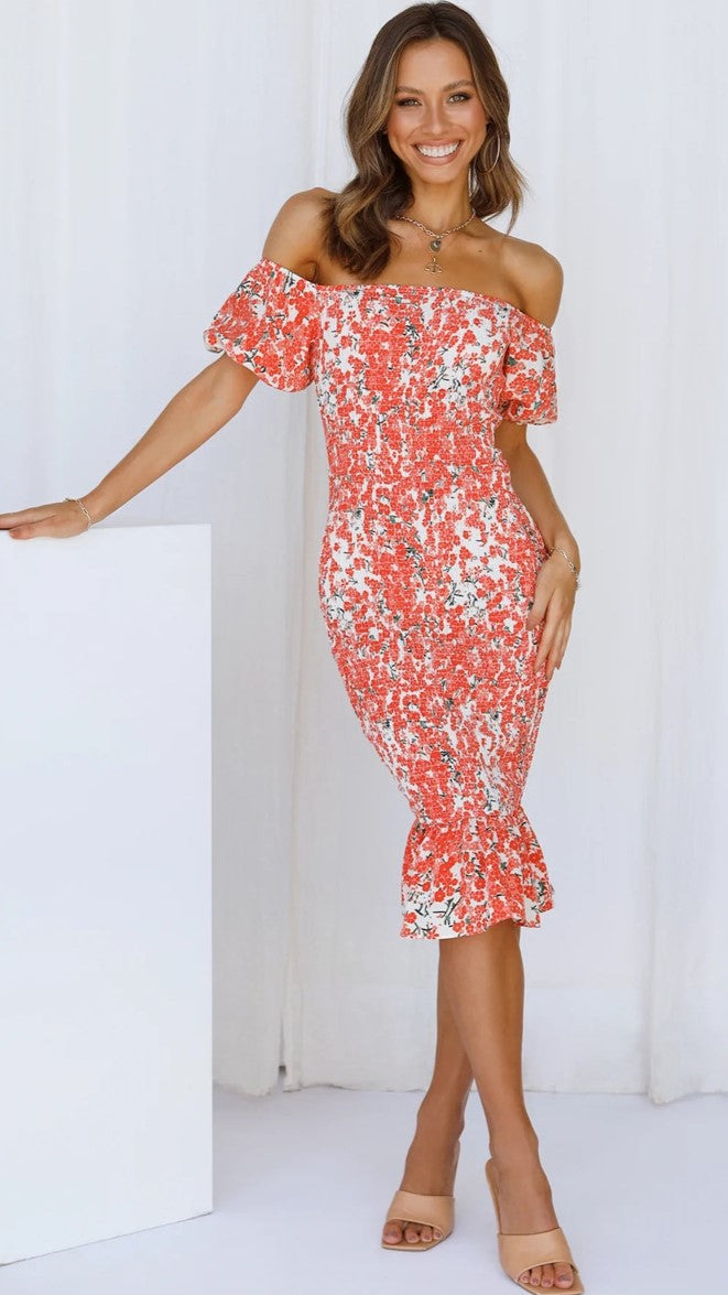 Red Floral Bodycon Smocked Midi Dress