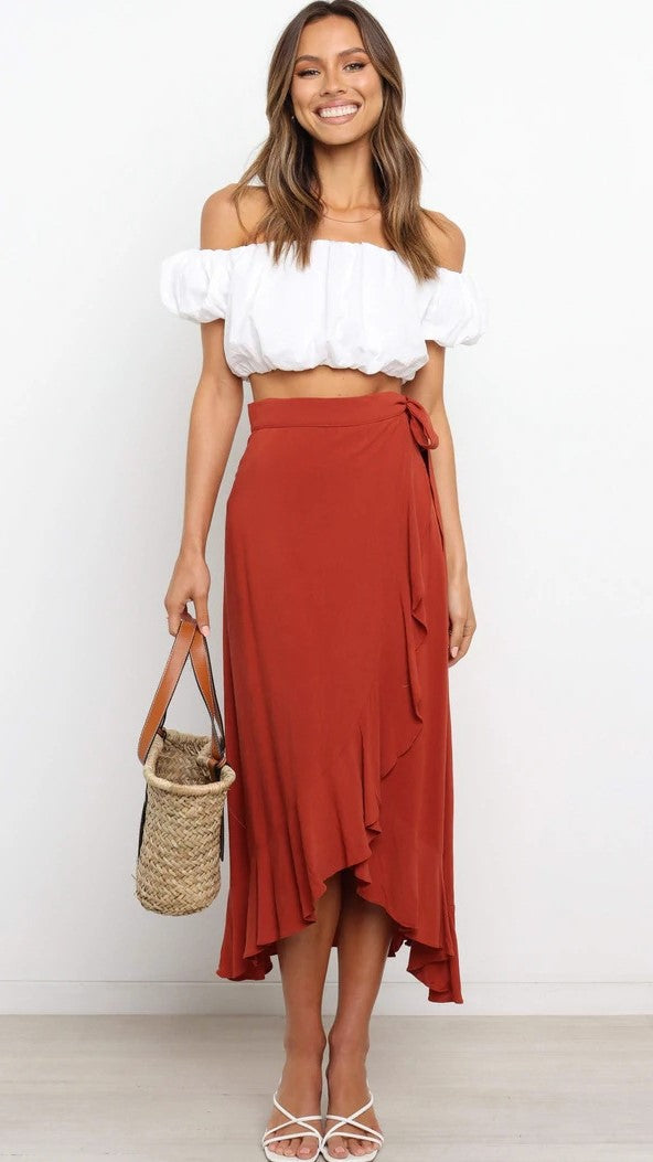 Burgundy Waist Tie Midi Skirts