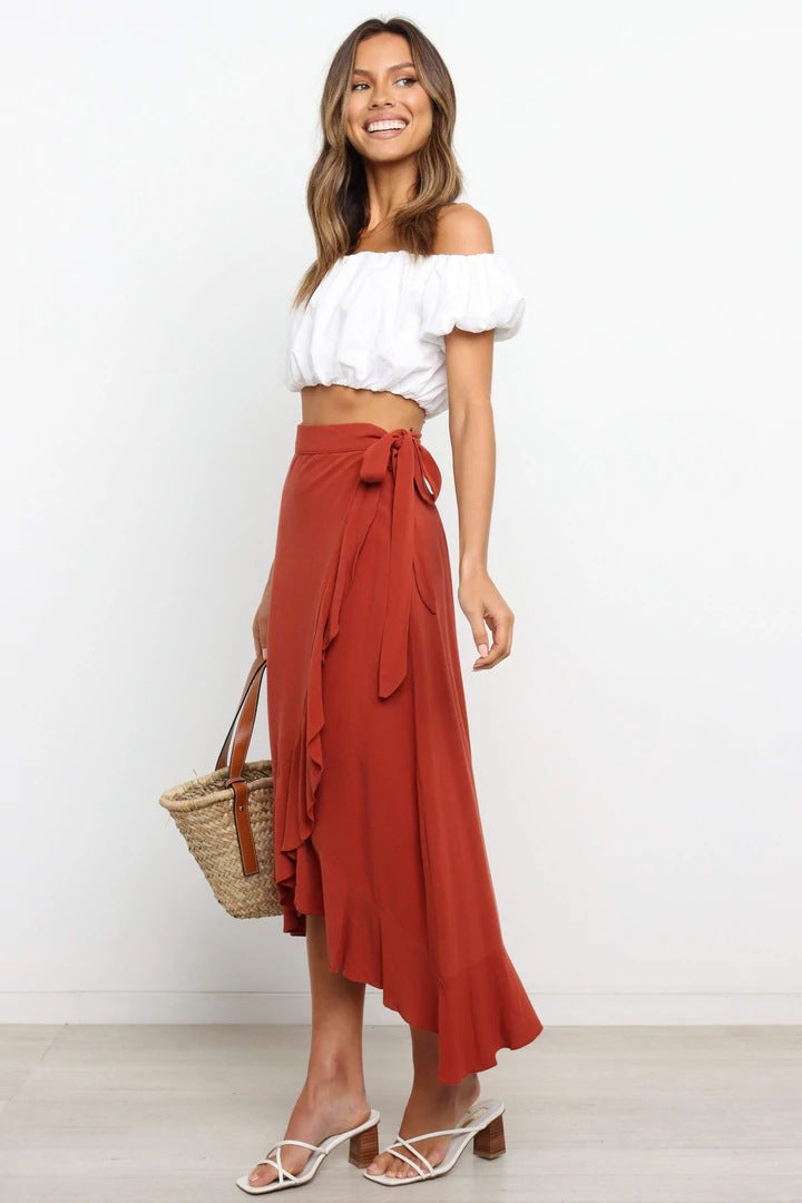 Burgundy Waist Tie Midi Skirts