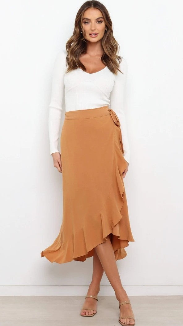 Khaki Waist Tie Midi Skirts