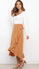 Khaki Waist Tie Midi Skirts