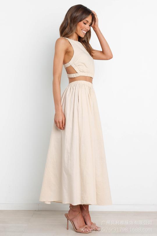 Beige Backless Crop Top and Skirt Sets