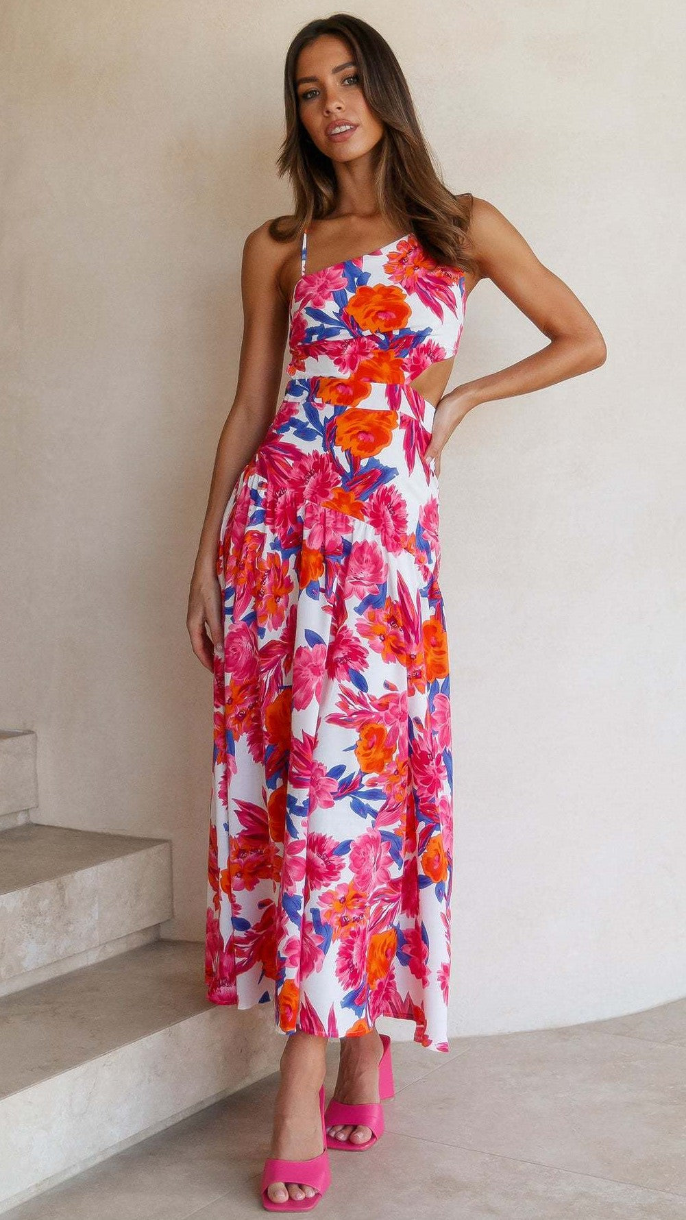 Red Rose Print Backless Midi Dress