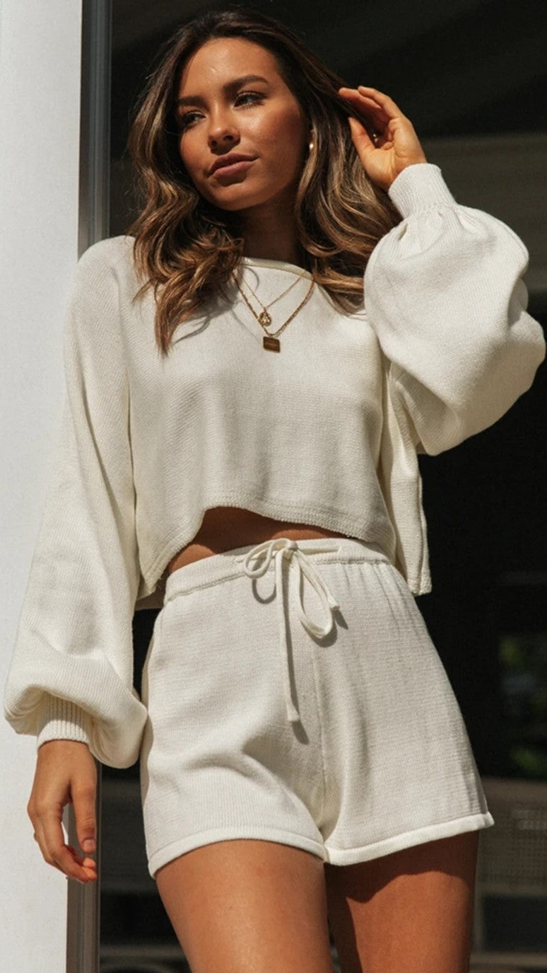 Beige Crop Sweatshirt and Shorts Sets