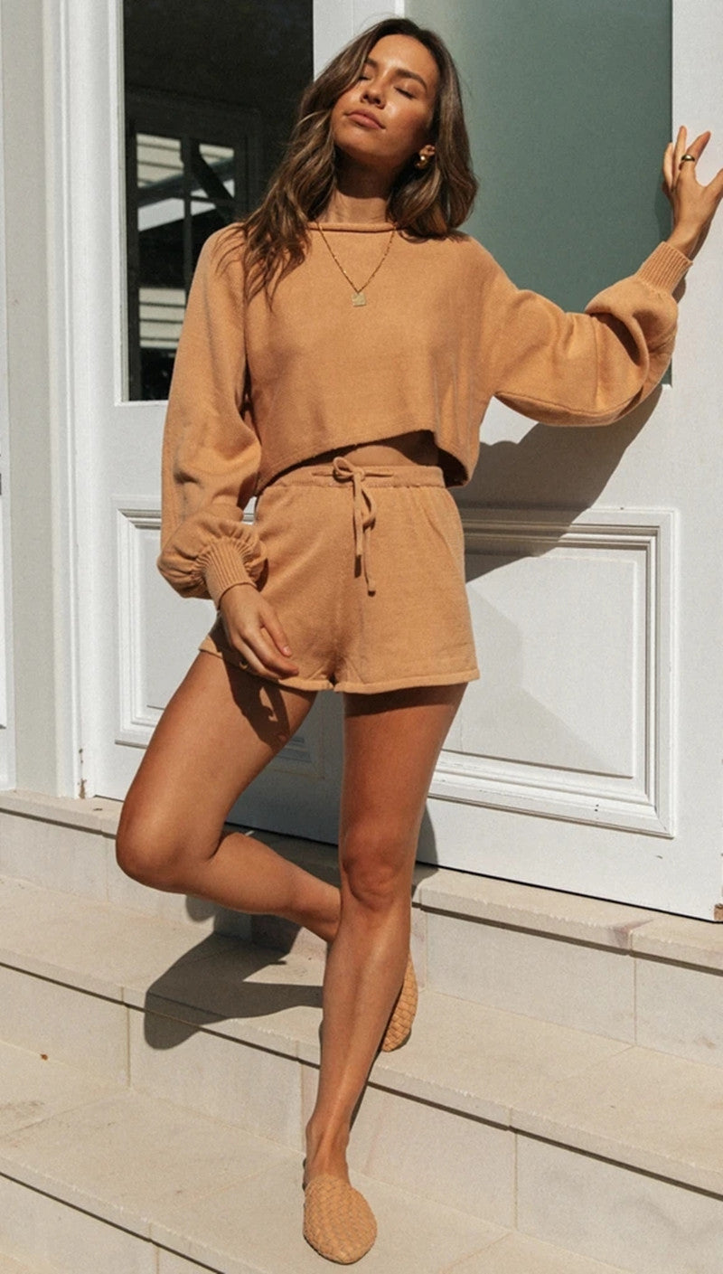 Khaki Crop Sweatshirt and Shorts Sets