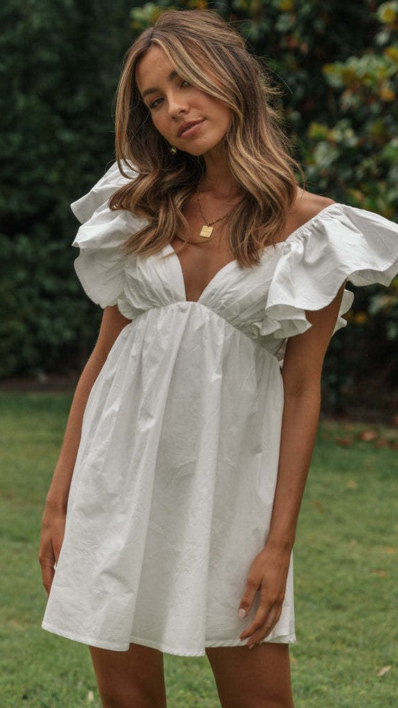 White Flare Sleeves Bowknot Mini Dress