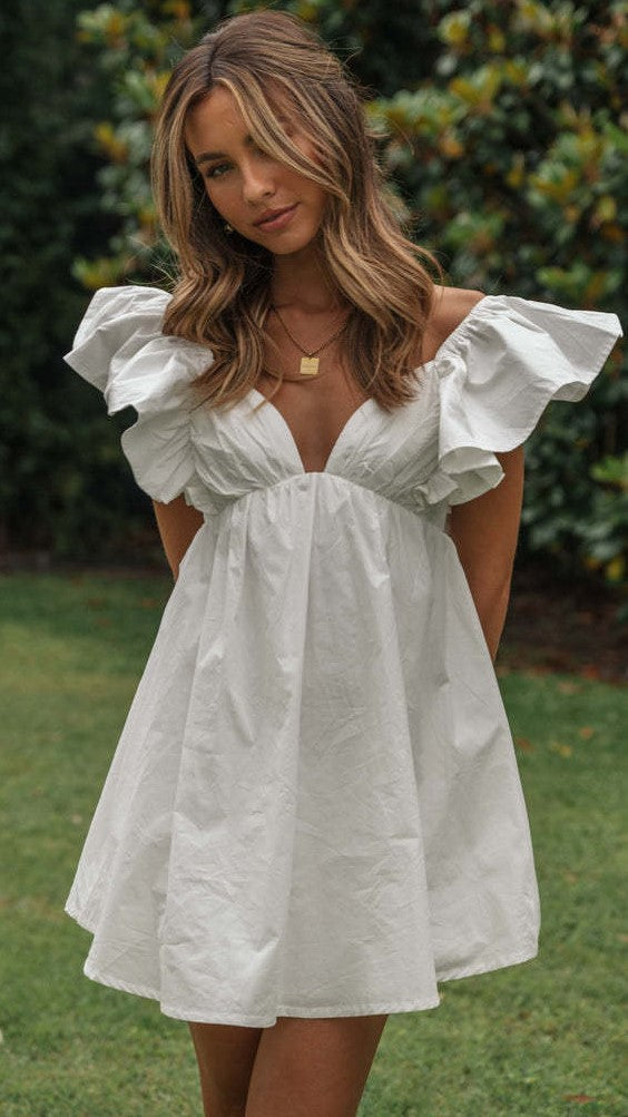 White Flare Sleeves Bowknot Mini Dress